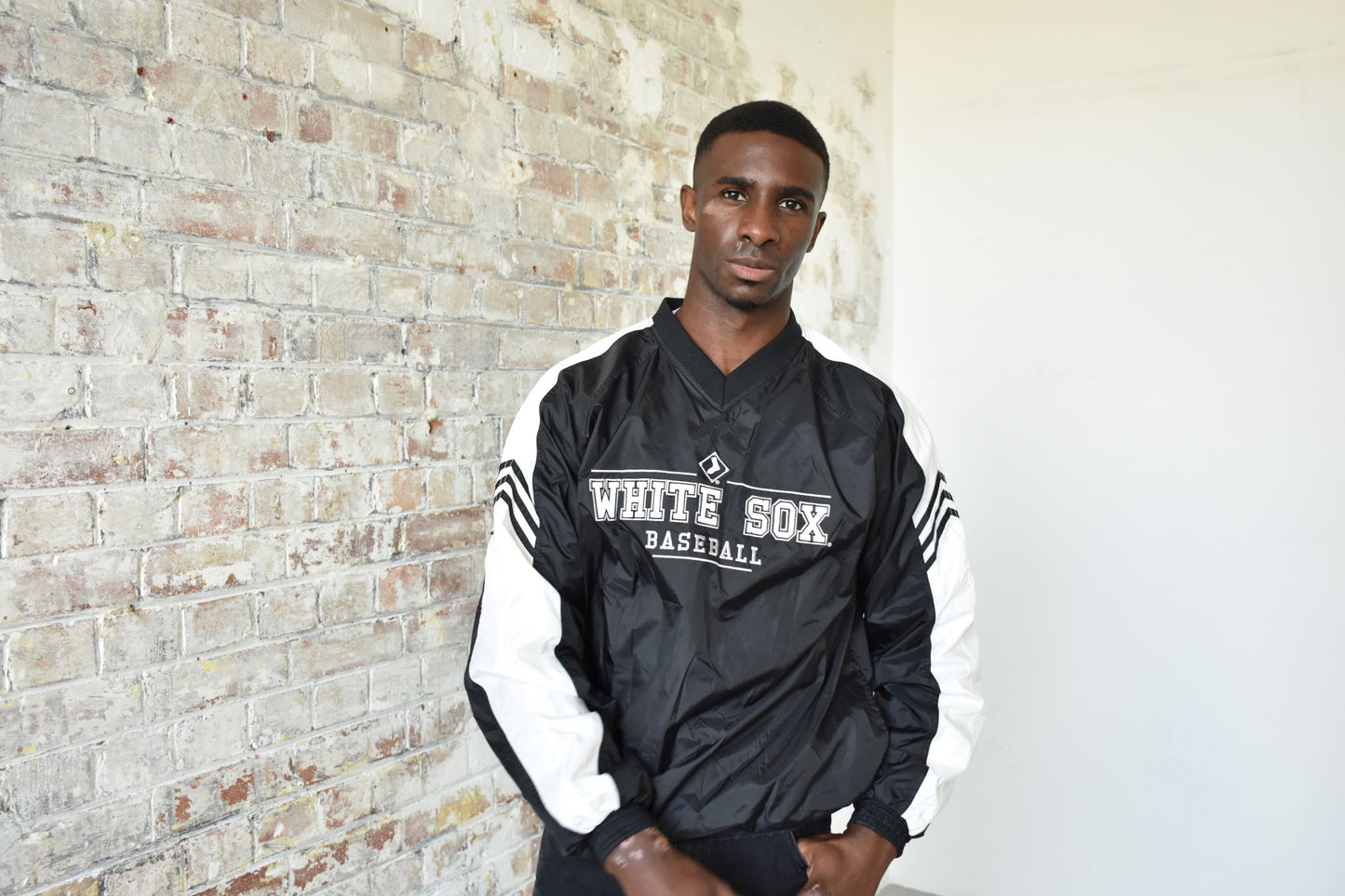 Vintage Adidas White Sox Baseball Jacket in black and white