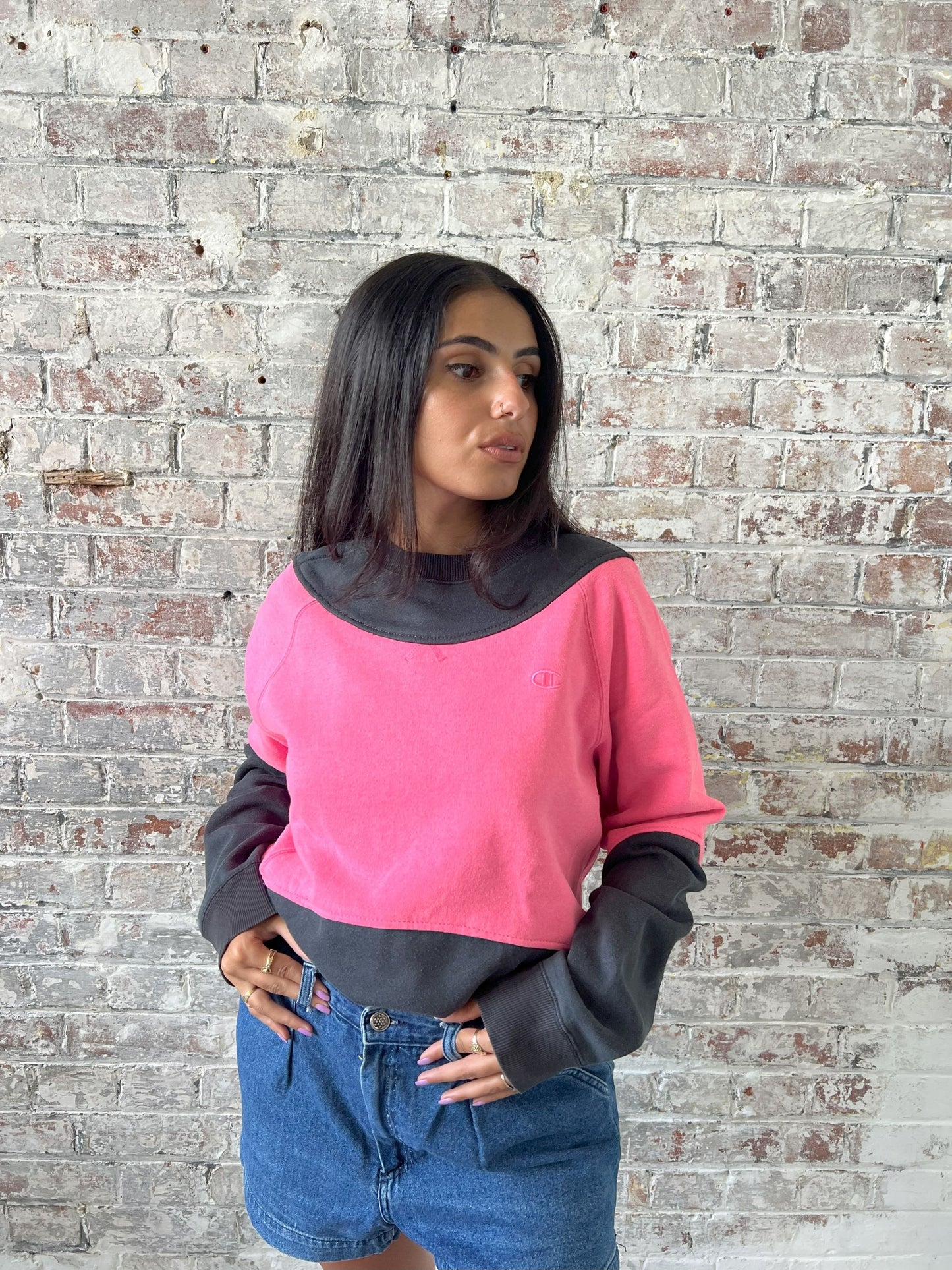 Vintage Reworked Champion Sweatshirt in Black & Pink