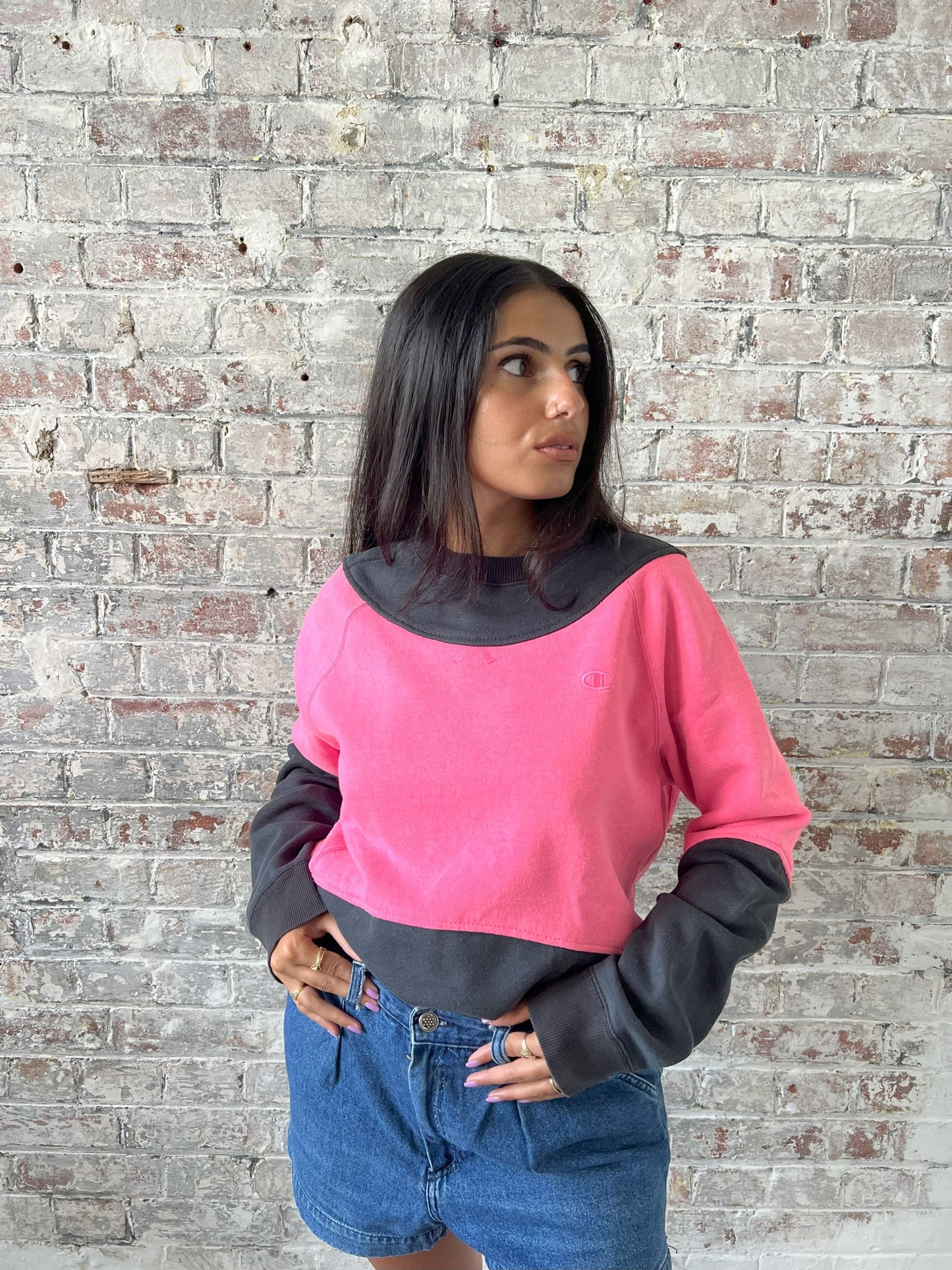 Vintage Reworked Champion Sweatshirt in Black & Pink
