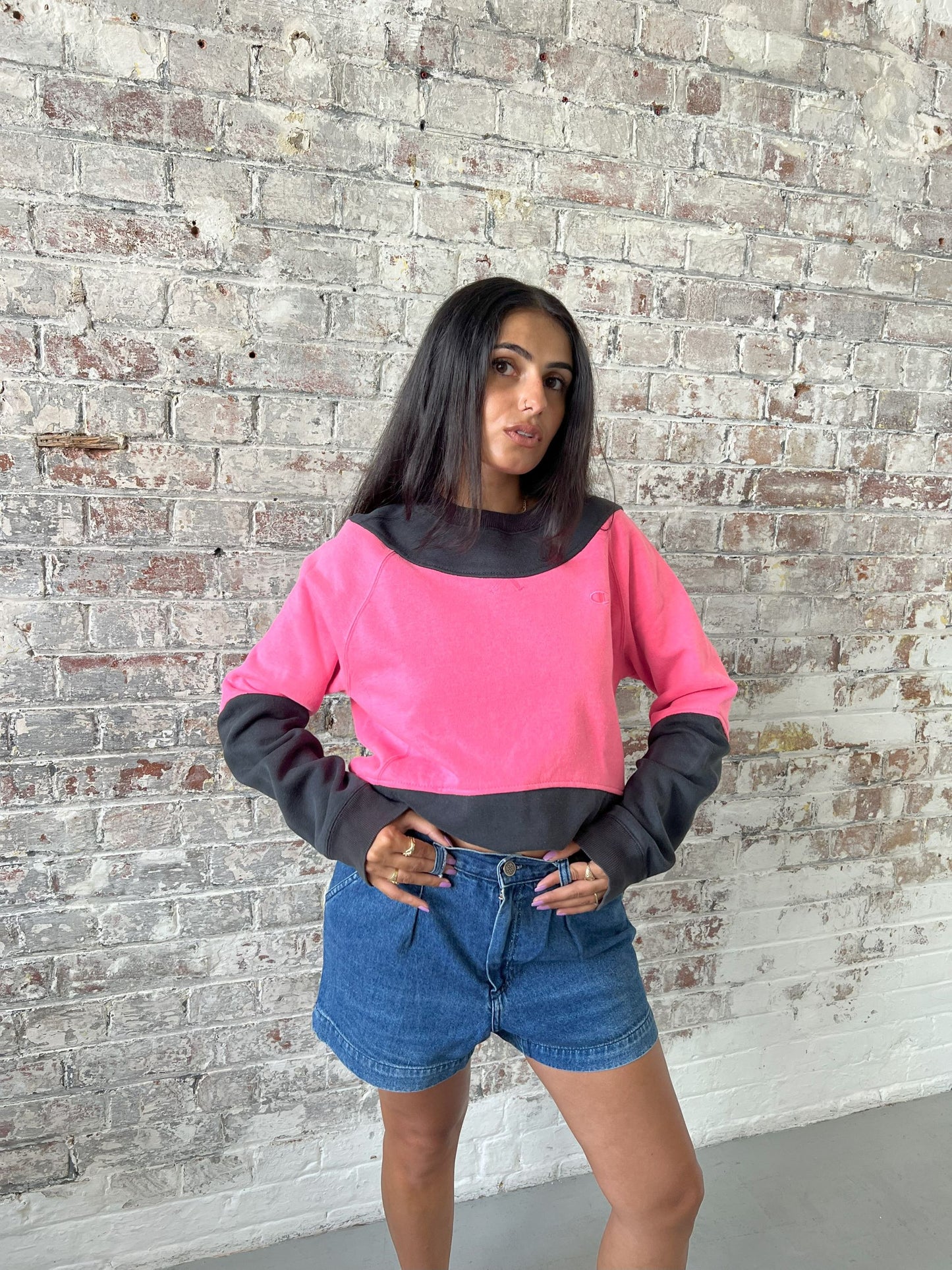 Vintage Reworked Champion Sweatshirt in Black & Pink